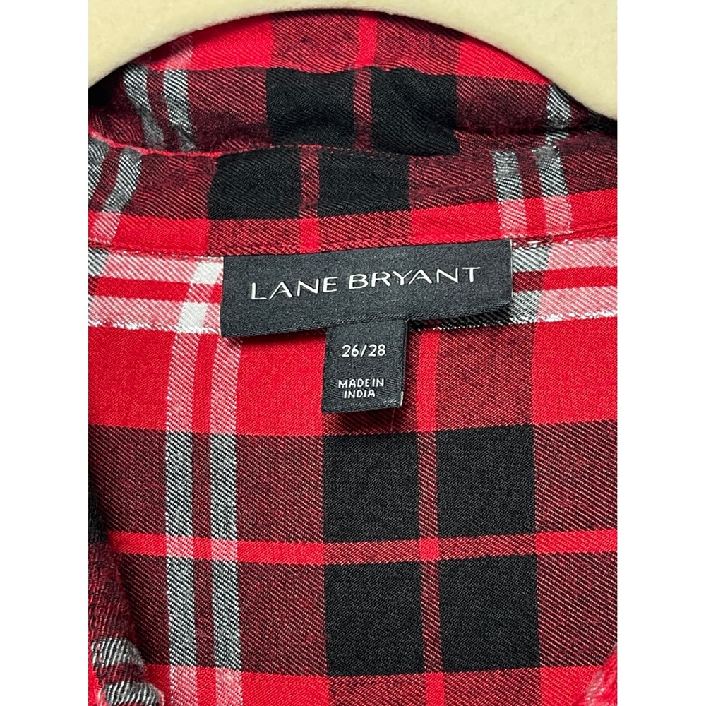 Lane Bryant Red Black Plaid Metallic Roll Tab Sleeve Button Front Shirt 26/28 - Picture 3 of 9